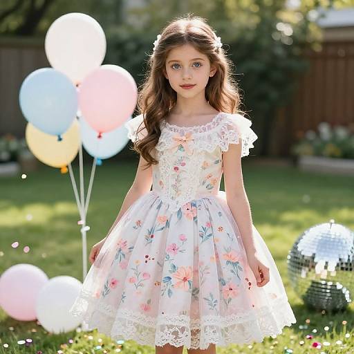 Photograph of a young girl with long brown hair, wearing a white floral lace dress, standing in a sunny garden with colorful balloons and a silver disco