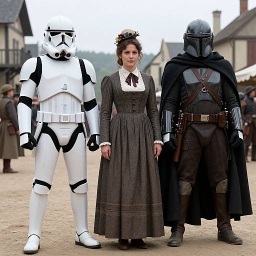 Photograph of a Victorian-era woman in a brown dress flanked by a white Stormtrooper and a black-caped Sith Lord in a historical village
