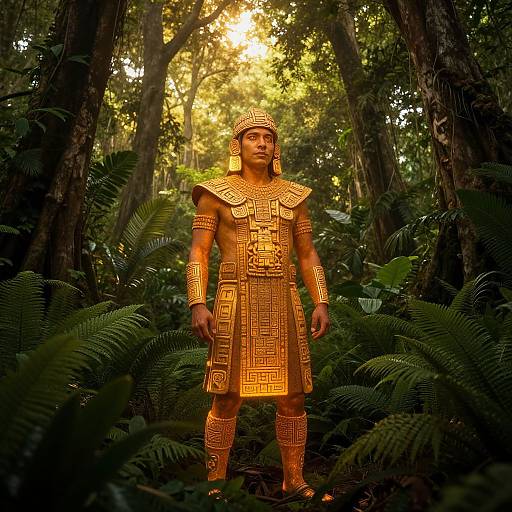 Photograph of a bronze statue of an ancient warrior in intricate gold armor, standing in a dense, sunlit jungle with ferns and tall trees.