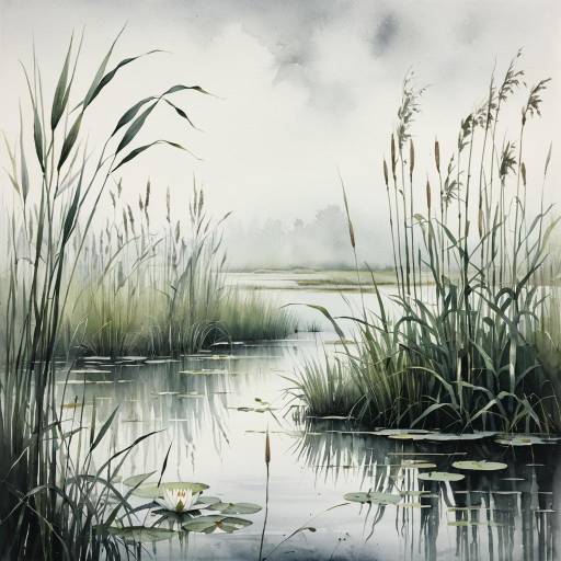 Serene Watercolor Marshland Landscape