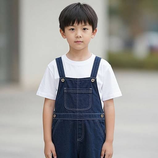 Photograph of a young Asian boy with short black hair, wearing a white t-shirt and dark blue denim overalls, standing outdoors with a blurred background