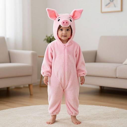 Photograph of a toddler in a pink pig costume with ears and snout, standing in a bright, modern living room.