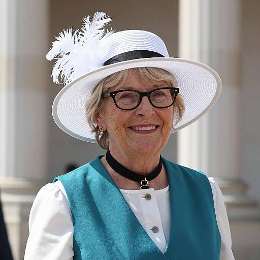 Elderly Woman in White Feathered Sunhat