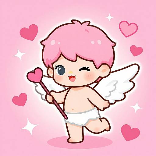 Cute digital drawing of a chubby, pink-haired baby angel with white wings, winking, holding a heart-tipped stick, wearing white diaper,