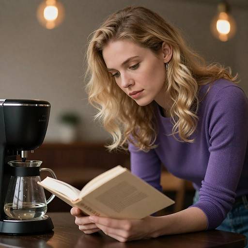 Blonde Woman Reading Over Coffee Maker