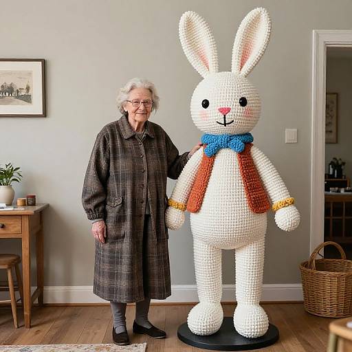 Photograph of an elderly white woman with short gray hair, wearing a brown plaid coat, standing next to a large, white, crocheted