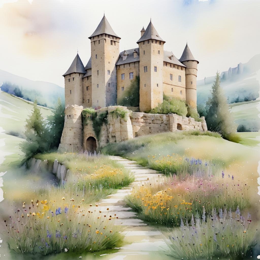 Tranquil Watercolor of Ancient Castle