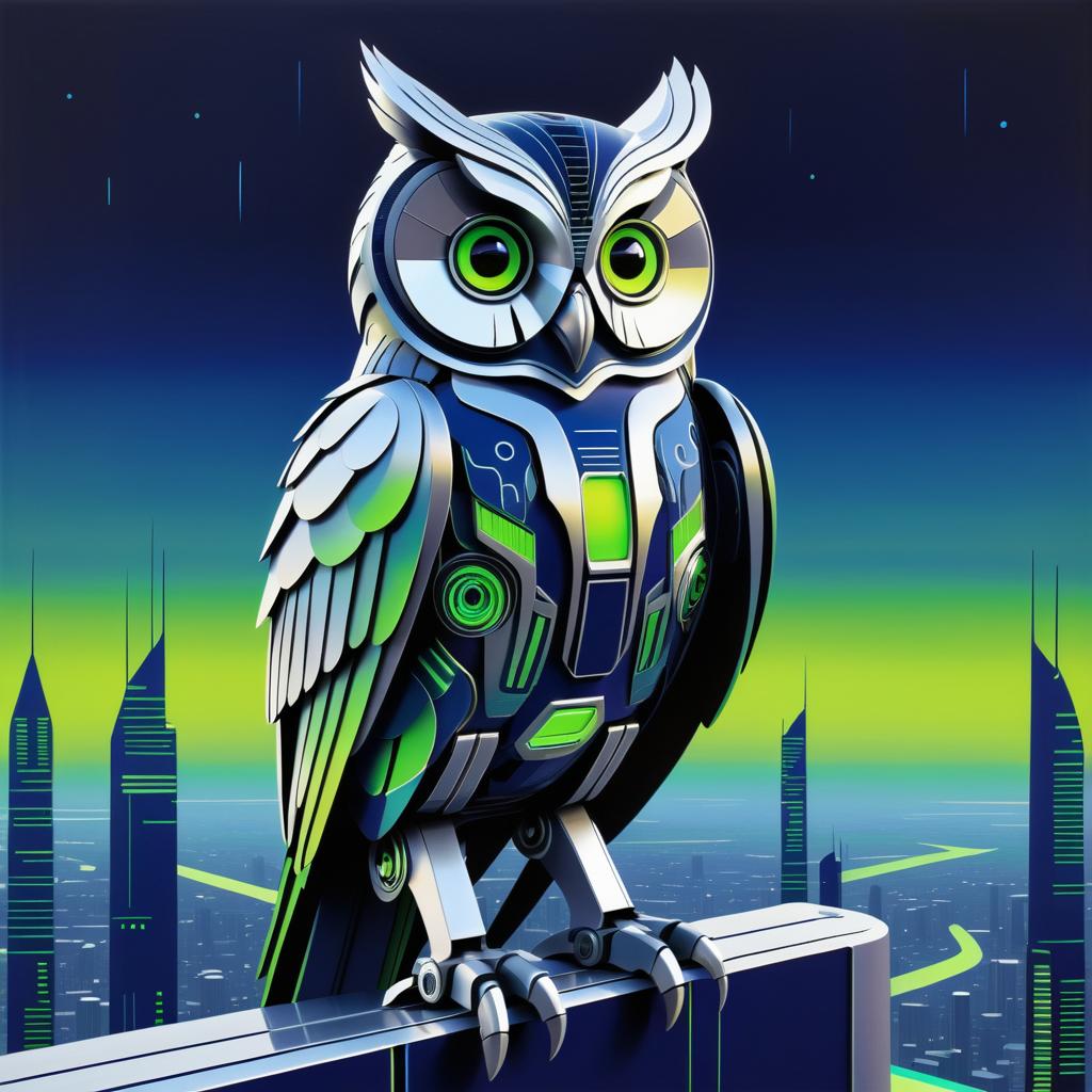 Retro-Futuristic Robotic Owl on Skyline