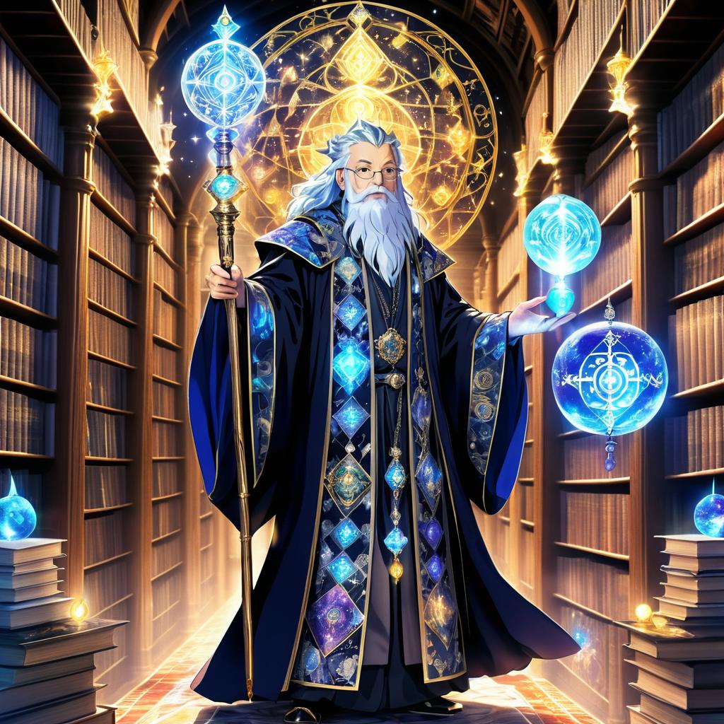 Elder Wizard in Enchanted Library Scene