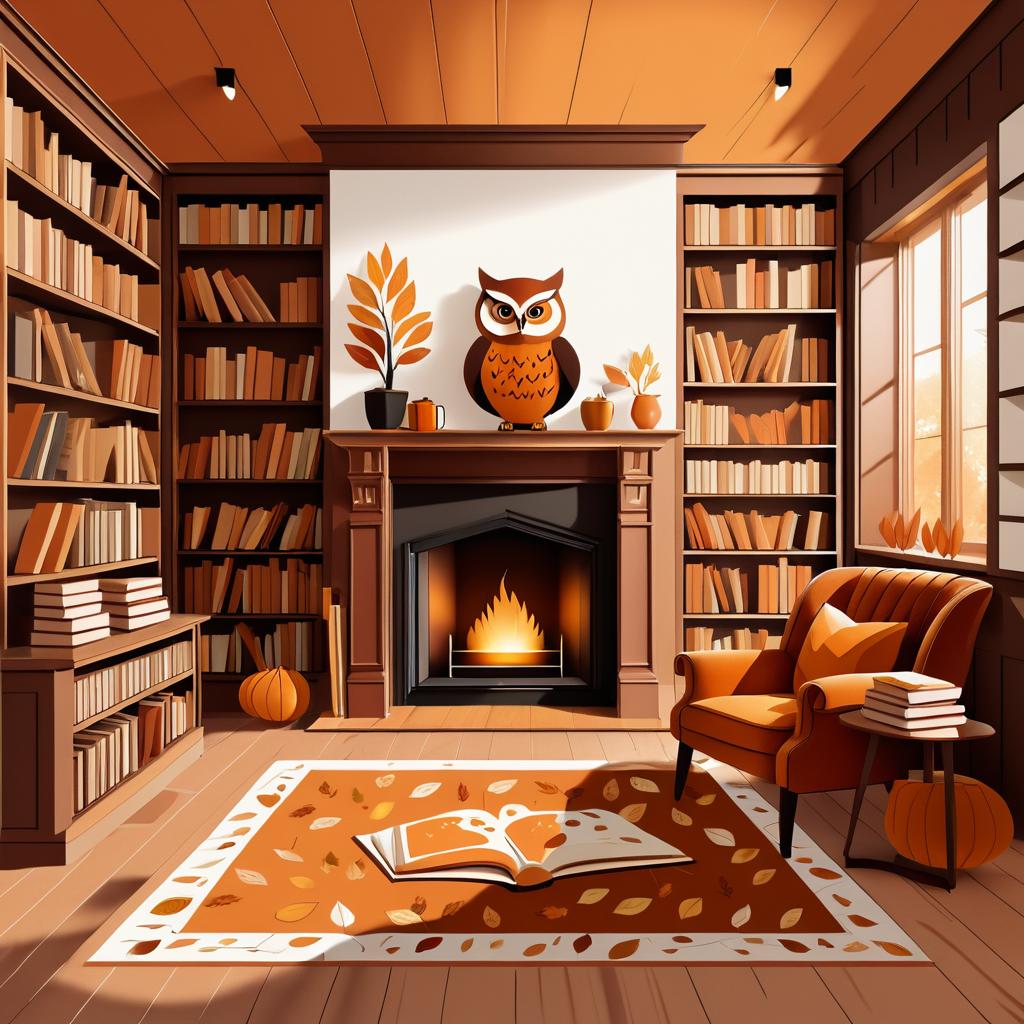 Cozy Autumn Library with Owl Illustration