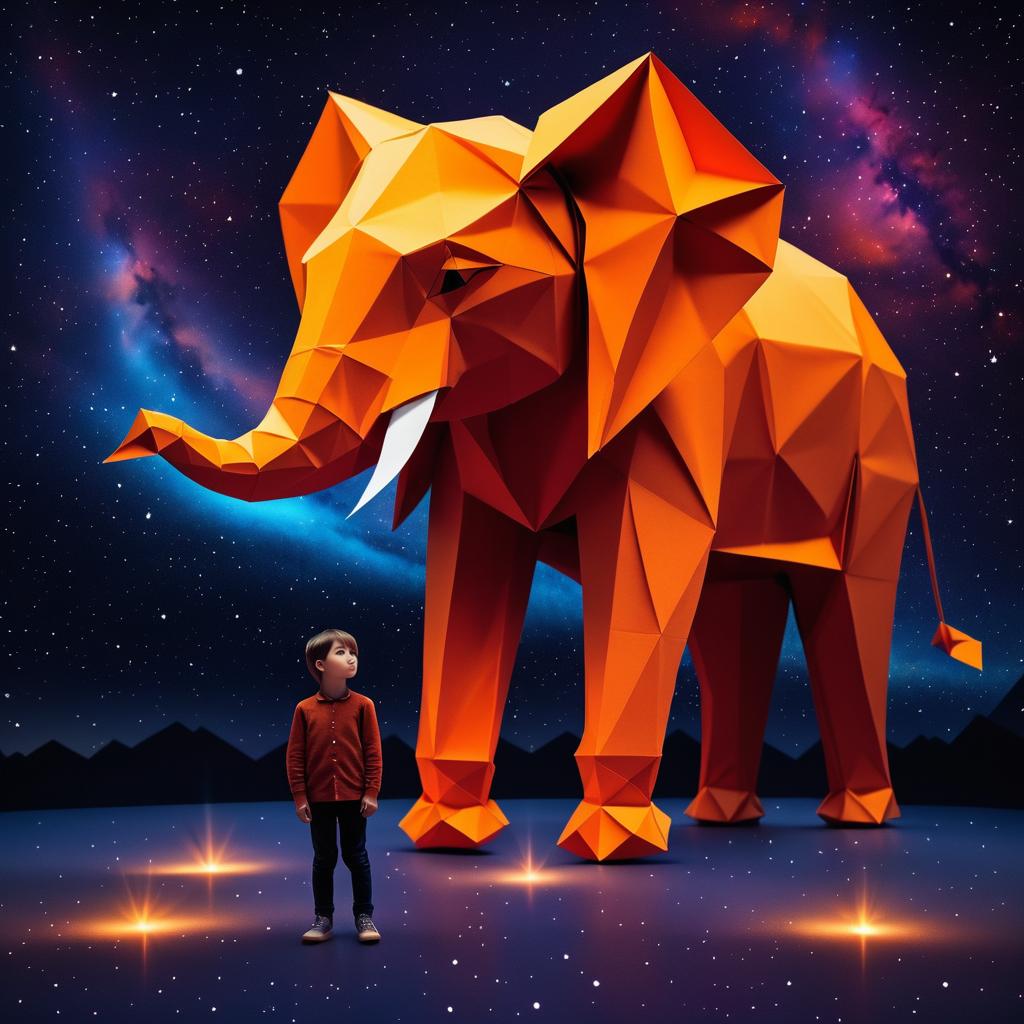 Boy with Origami Elephant in Space