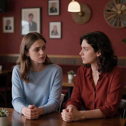 Two Women in Serious Conversation at Café