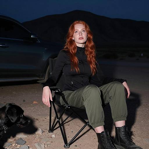 Redheaded Woman Sitting in Desert at Night
