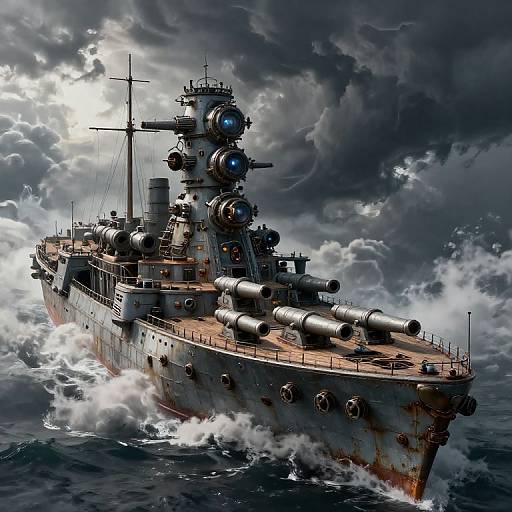Digital artwork of a heavily armed, rusty warship cutting through turbulent, stormy ocean waves, with dramatic, dark clouds overhead.