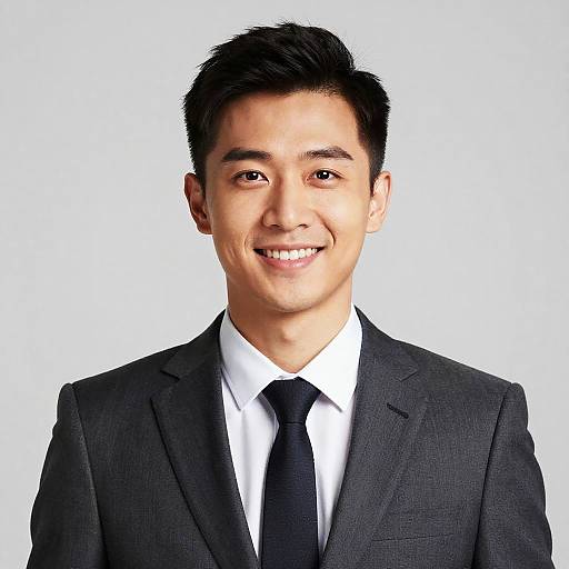 Photograph of a smiling Asian man with short black hair, wearing a dark gray suit, white shirt, and black tie, against a plain white background