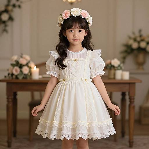 Photograph of an Asian girl with long black hair, wearing a white lace-trimmed dress, flower crown, standing in a softly lit room with