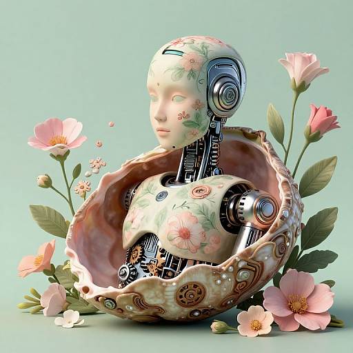 Surreal Robot Birth in Floral Shell