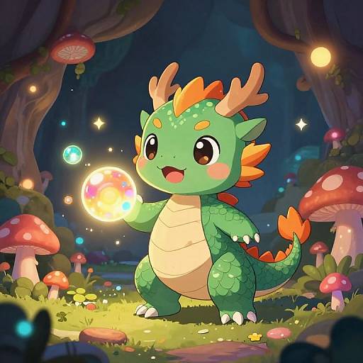 Cute, green, dragon-like creature with orange spikes and antlers, holding a glowing orb, in a magical, mushroom-filled forest at night.