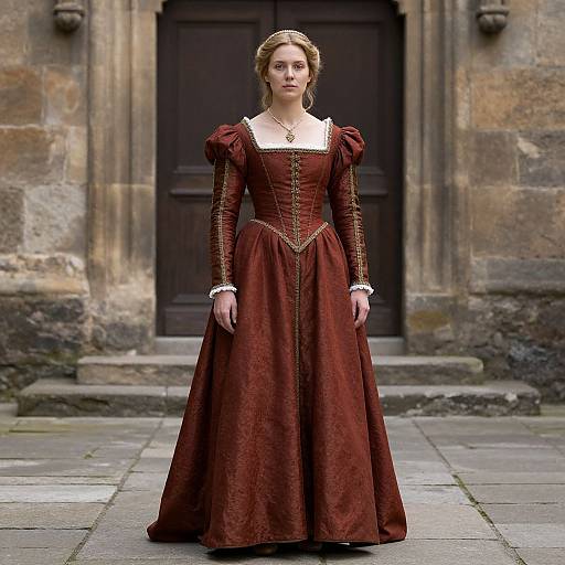 Photograph of a young woman with fair skin and brown hair in an ornate, medieval-style, deep red gown with gold embroidery, standing in front