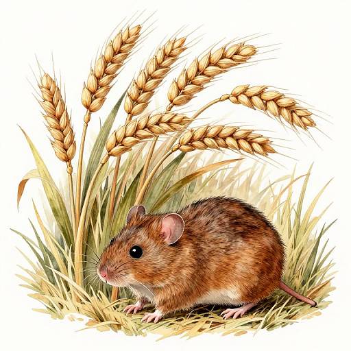 Illustration of a brown, furry mouse with black eyes, nestled among tall, golden wheat stalks, on a grassy patch.