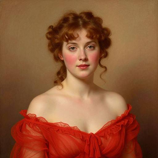 Digital painting of a fair-skinned woman with curly brown hair, wearing an off-shoulder red lace dress, against a brown background.