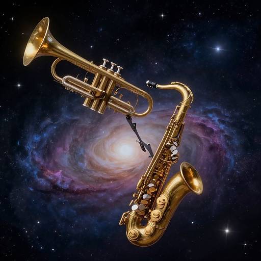 CGI image of a golden saxophone and trumpet floating in space with a colorful spiral galaxy in the background.