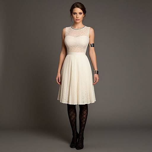 Photograph of a young woman with dark hair in a white lace sleeveless dress, black patterned tights, black shoes, and black bracelets,