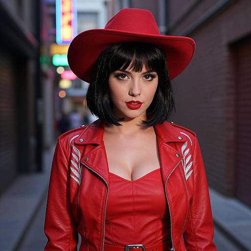 Photograph of a woman with fair skin, black bob haircut, red leather jacket, red dress, and wide-brimmed red hat, standing in