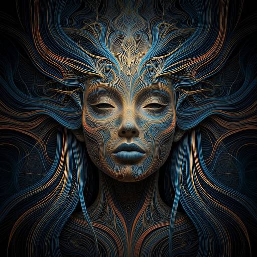 Digital artwork of a serene, intricate face with glowing blue and orange lines resembling waves, set against a dark background.