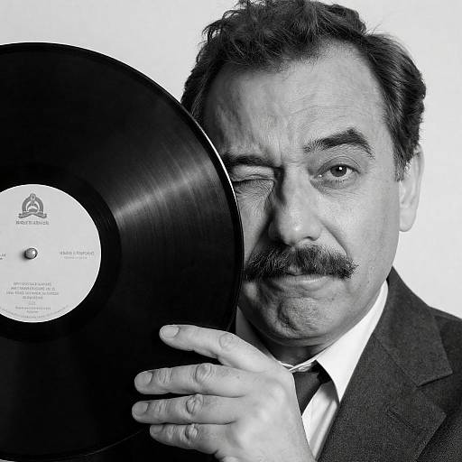 Man Holding Vinyl Record in Black and White