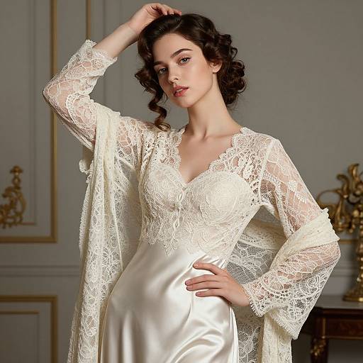 Photograph of a fair-skinned woman with curly brown hair, wearing a white lace and satin wedding gown, posing in an elegant, ornately decorated