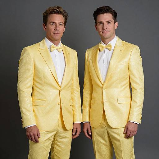 Photograph of two tall, handsome men in matching shiny yellow tuxedos with white shirts and bow ties, standing against a dark gray background.