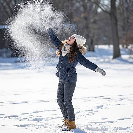Photograph of a smiling woman in a dark winter coat, white hat, and yellow boots, joyfully throwing snow in a snowy forest.