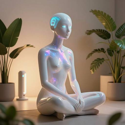 Photorealistic CGI of a glowing, white, humanoid female robot in a meditative lotus position, surrounded by potted plants and soft lighting.