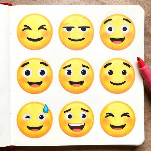 Photograph of nine yellow smiley face emojis with various expressions, arranged in a 3x3 grid on white paper, with a red marker on