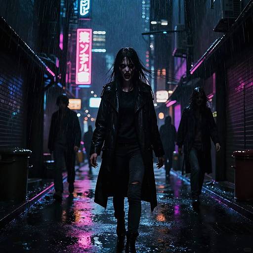 Cyberpunk night alley, rain-soaked, neon-lit streets. A menacing figure with long wet hair, dark coat, and sinister grin walks