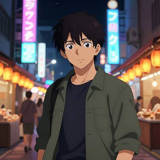 Anime-style drawing of a young man with black hair, green jacket, and black shirt, standing in a brightly lit, neon-lit night market.
