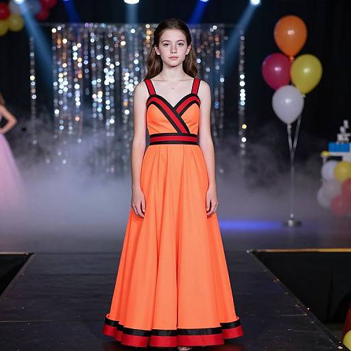 Photograph of a young woman with fair skin and brown hair, wearing a bright orange, floor-length dress with black and red accents, standing on a