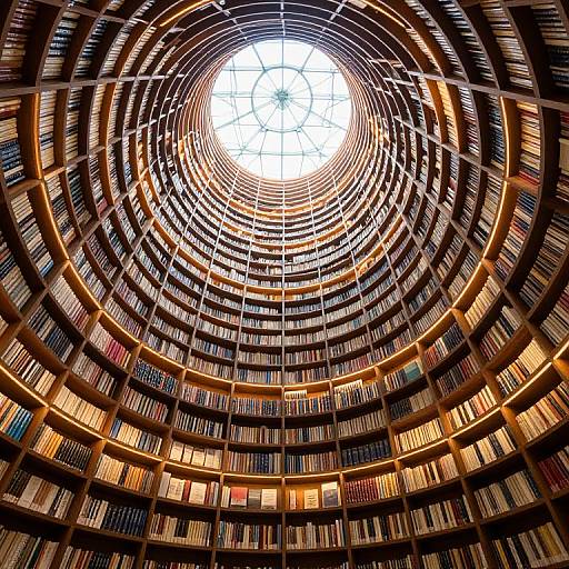 Photograph of a grand, circular library ceiling filled with stacked bookshelves, illuminated by a bright, central skylight.