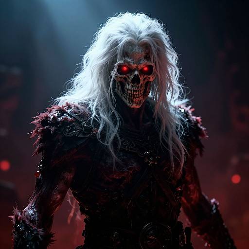 Digital art: Dark, menacing figure with glowing red eyes, long white hair, and tattered black fur-like armor, illuminated by eerie blue and red