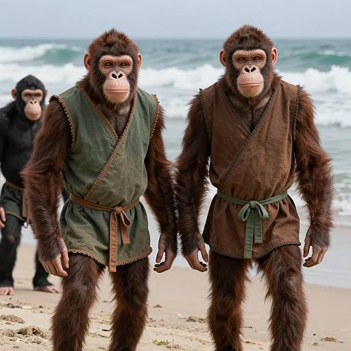 Two Anthropomorphic Apes on Beach in Tunics