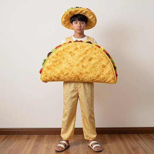 Photograph of an Asian boy in a large, yellow taco costume, wearing a sombrero, beige pants, and sandals, standing against a plain white