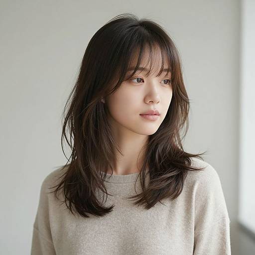 Photograph of a young Asian woman with straight, shoulder-length black hair, wearing a light beige sweater, looking thoughtfully to the side against a bright