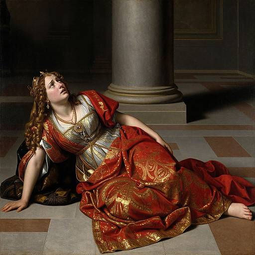 Photograph of a classical-style painting: a fair-skinned woman with long brown hair, wearing a red and gold ornate gown, lies on a