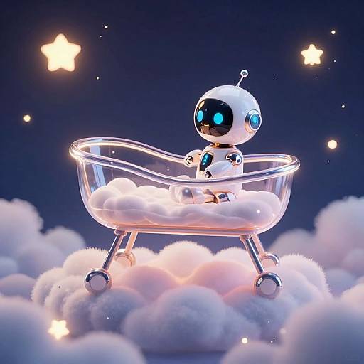 CGI image of a cute, white, robotic baby with blue eyes, sitting in a glowing, clear, cloud-shaped crib on fluffy clouds, under