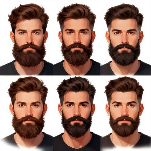 Digital illustration of six bearded men with varying hairstyles, all with dark, thick beards and light skin, arranged in a 3x2 grid
