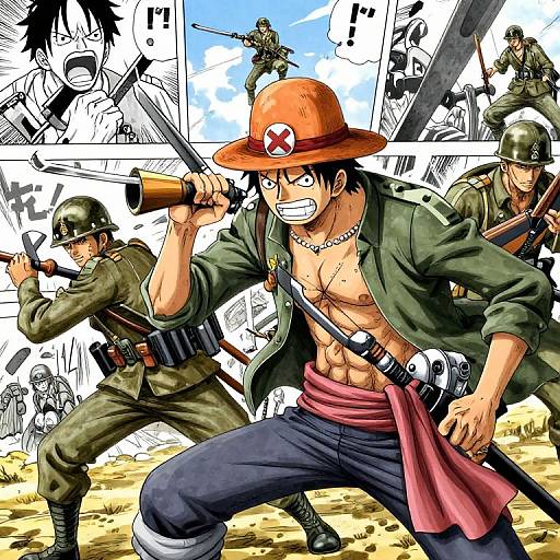 Digital anime-style drawing of three shirtless male soldiers with guns, wearing green uniforms and orange hats, in dynamic battle poses. Background includes black-and-white