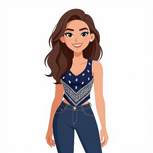 Digital illustration of a smiling woman with long brown hair, wearing a navy bandana top and blue jeans, standing against a white background.