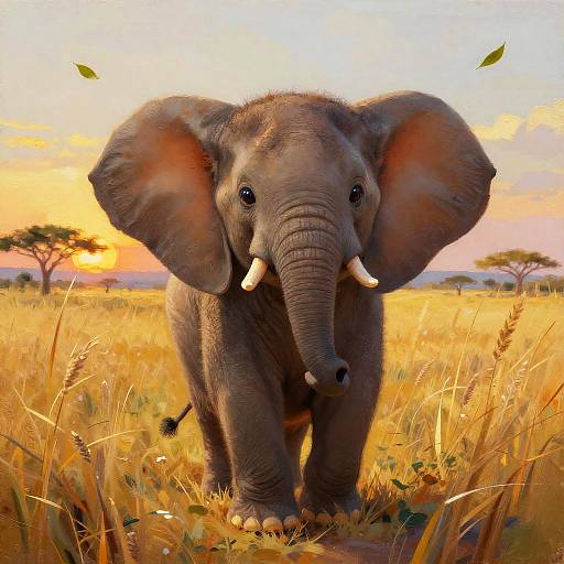 Photograph of a young African elephant with large ears and white tusks standing in a golden grassy savanna at sunset, with a colorful sky and