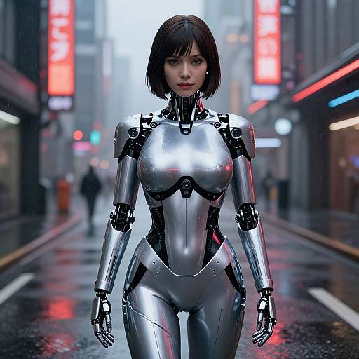 Cyborg woman with silver metallic body in a neon-lit, rainy urban street, staring forward. Sci-fi, futuristic, CGI, cyberpunk style